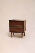 Main view of MCM vintage walnut wood nightstand with two drawers in excellent condition