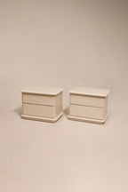 Main view of MCM vintage white lacquered wood nightstands by Lane, sleek finish and compact design