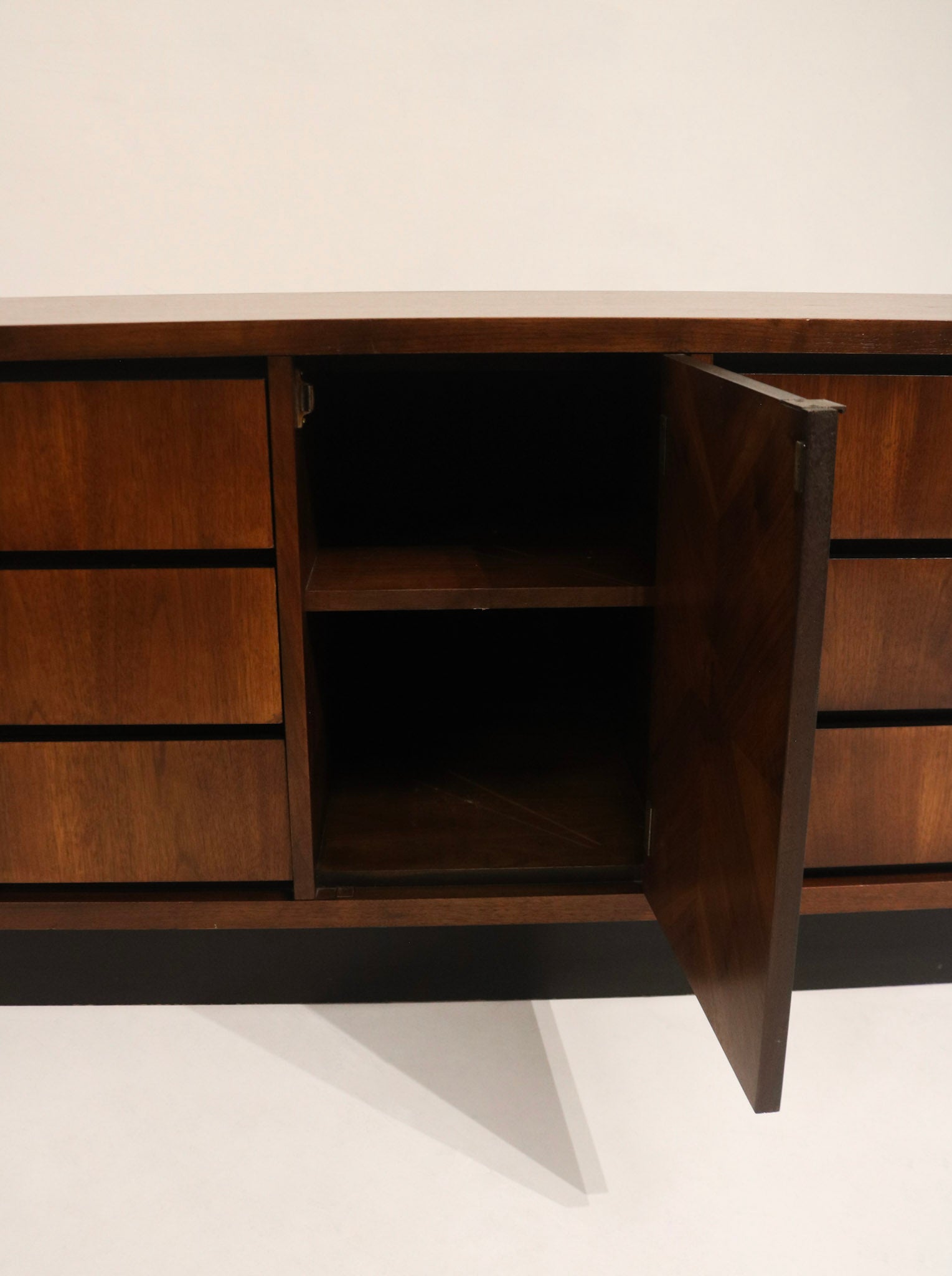 Detail of drawer front showing wood veneer, dovetail joinery and original mid-century hardware on Walnut Wood Dresser Credenza