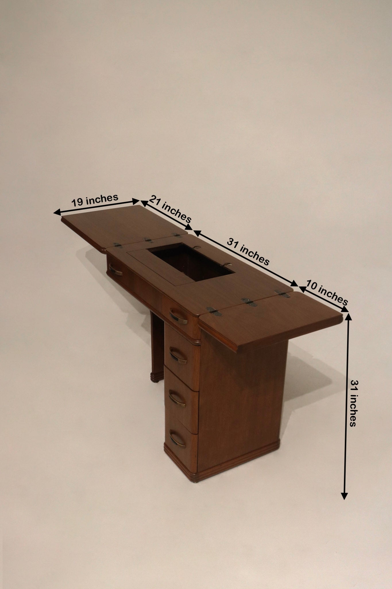 Size image: walnut wood small desk dimensions 31in L x 19in D x 31in H; left leaf 21in, right leaf 10in, scale reference