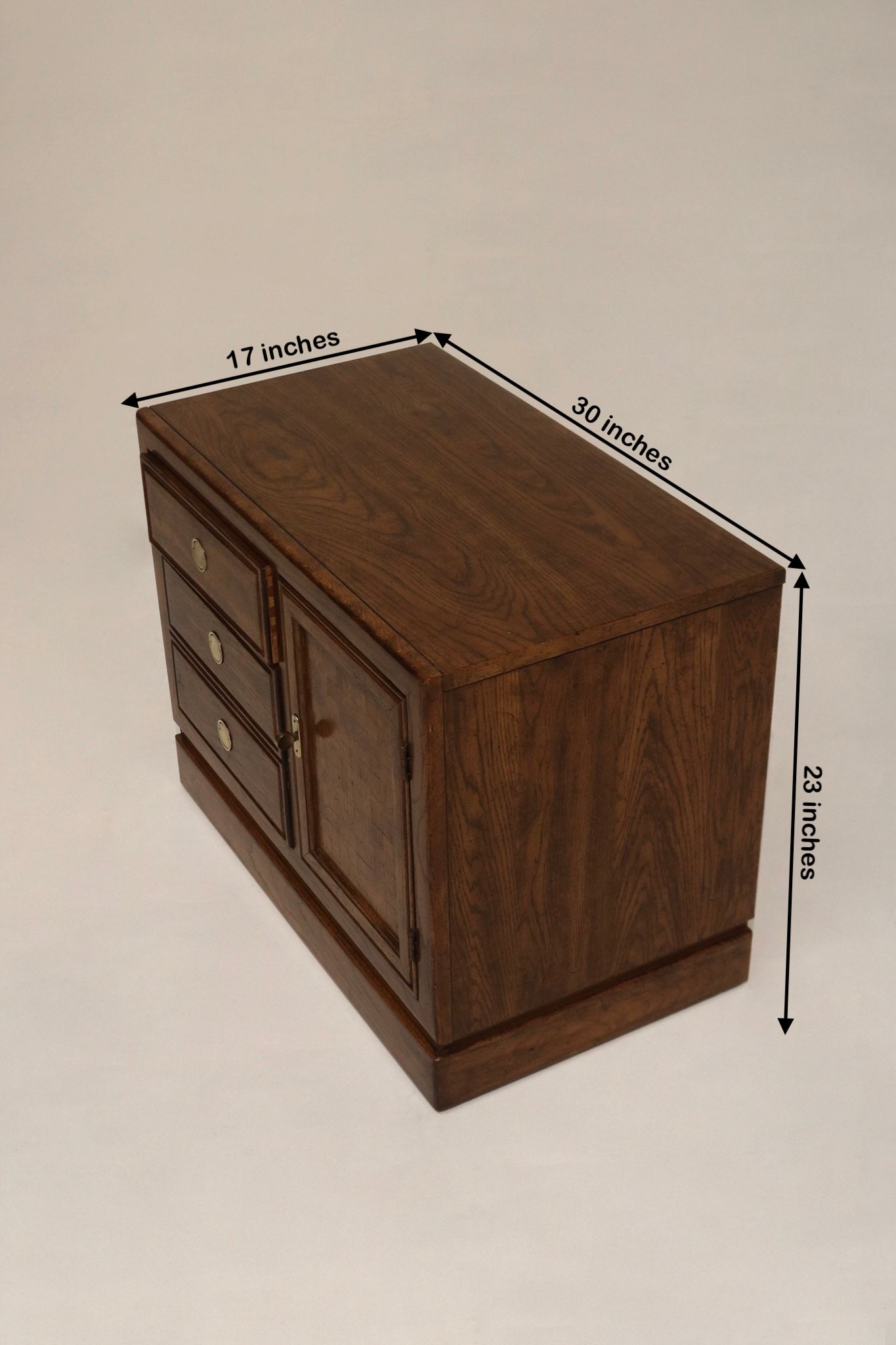 Size reference showing Vintage walnut nightstands pair with dimensions 30L x 17D x 23H, large solid wood bedside storage made for NYC living spaces.