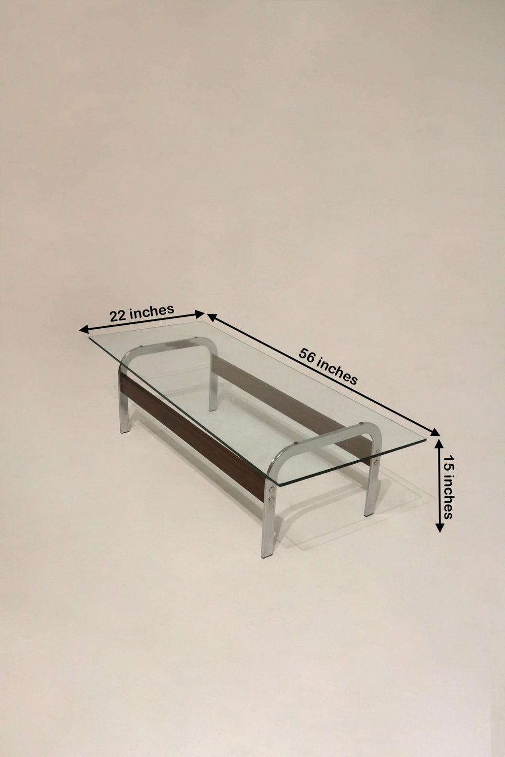 Stylish glass table with chrome and veneer wood base