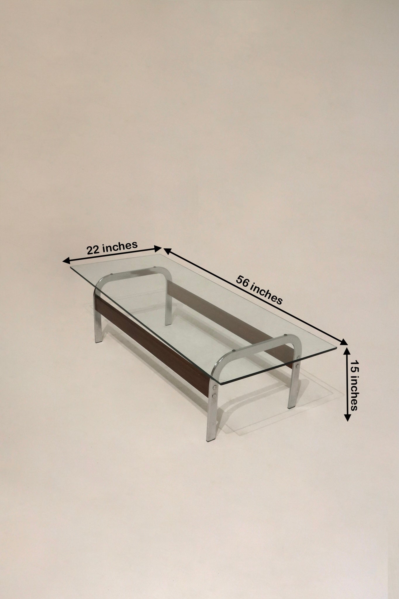 Stylish glass table with chrome and veneer wood base