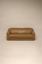 Full view of vintage Italian leather sofa couch in beige brown with clean lines