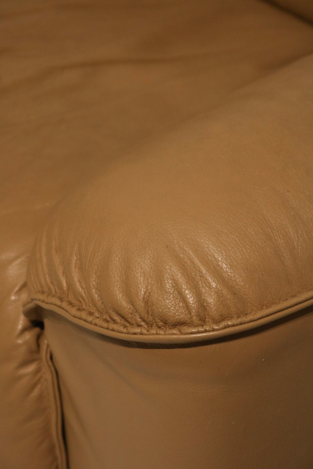 Detail of seat cushion seam highlighting stitching and leather quality