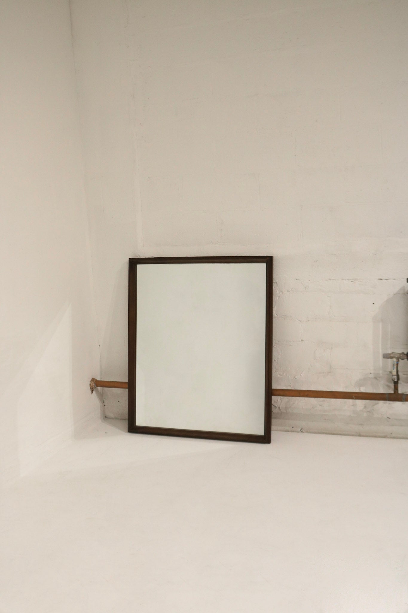 Full view of vintage MCM stand mirror with solid walnut wood frame, freestanding design, perfect mirror glass, 41 x 34 inches.