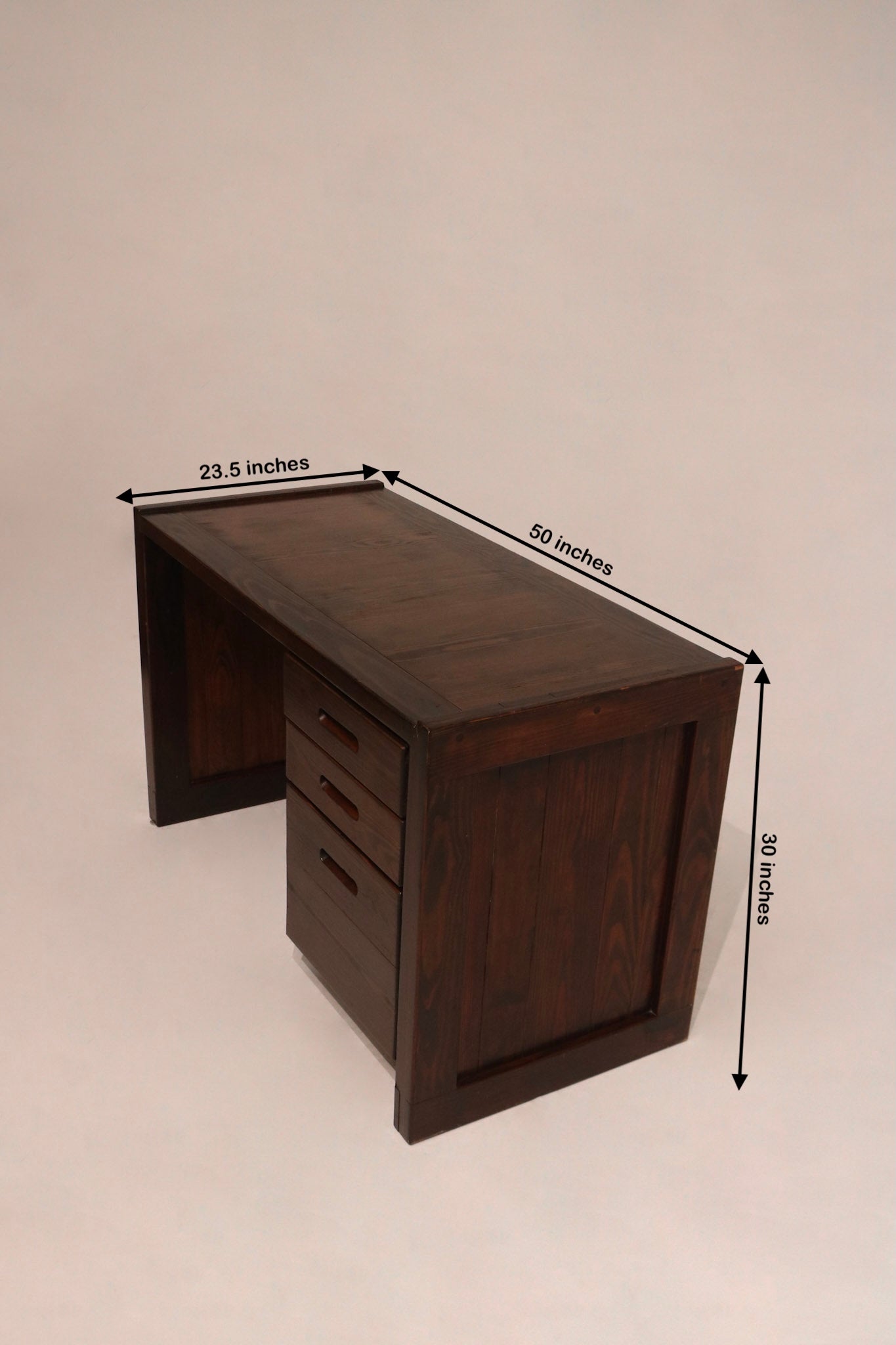 Desk measurements displayed: 50 inches long, 23.5 inches deep, 30 inches high, solid oak wood construction
