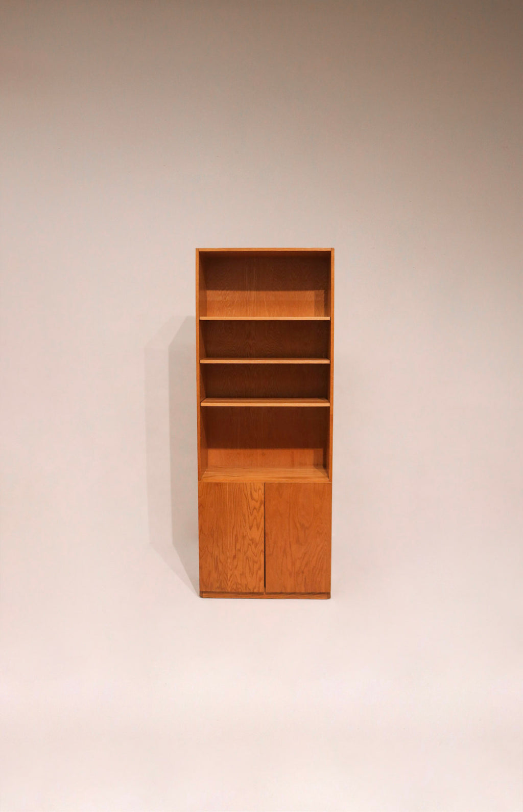 Main view of Mcm oak wood tall bookcase with adjustable shelves, natural finish, sturdy and tall design