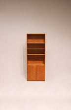 Main view of Mcm oak wood tall bookcase with adjustable shelves, natural finish, sturdy and tall design