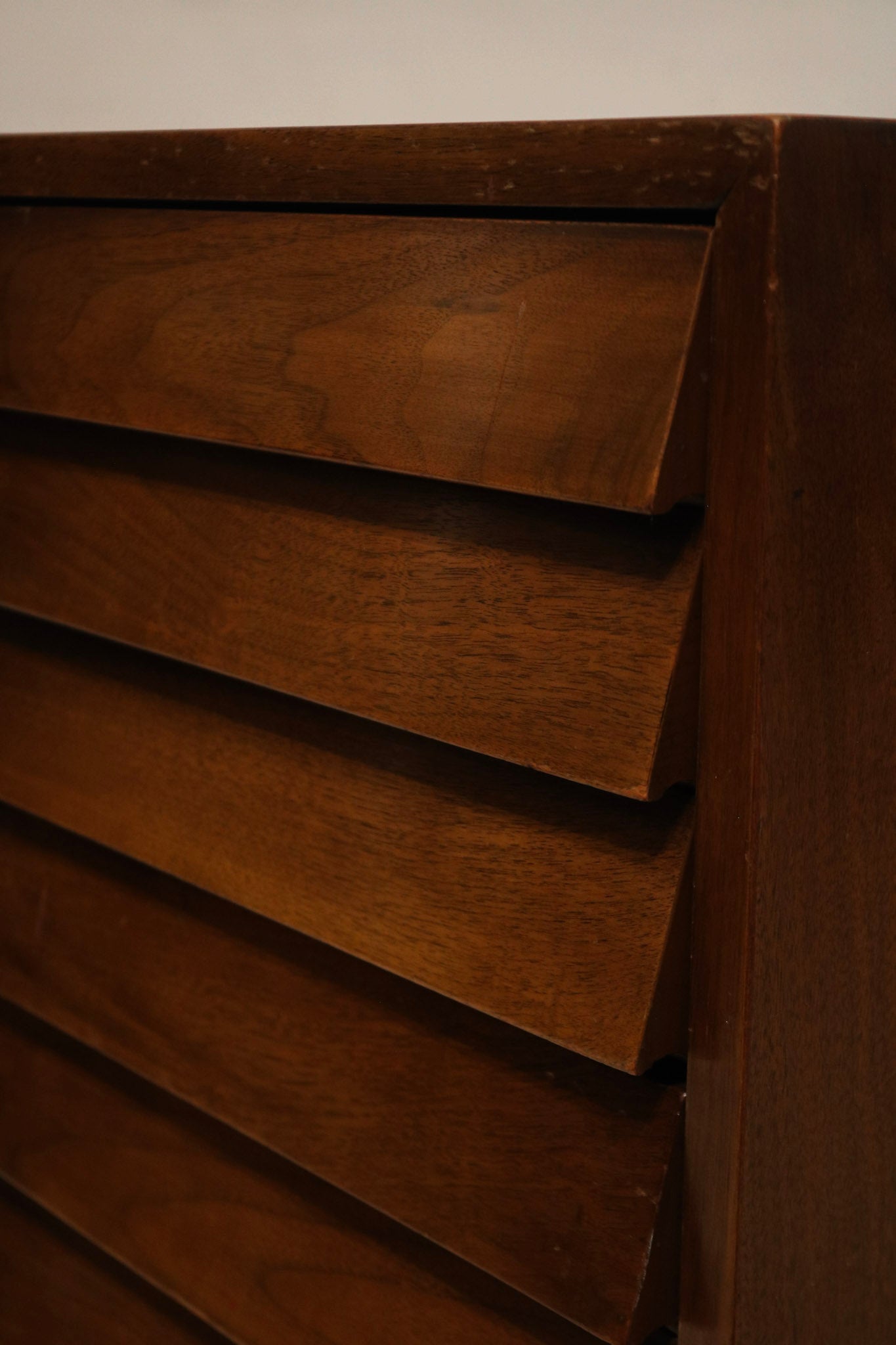Interior drawer shot showing solid wood drawer boxes, smooth operation and one drawer with subtle light stains