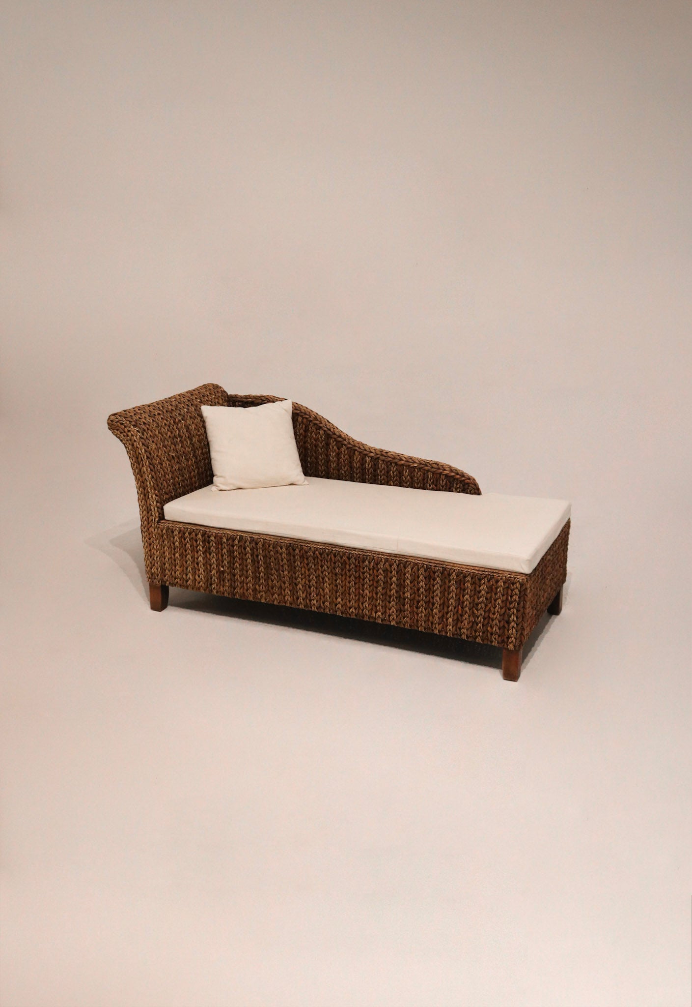 Main view of Wicker Rattan Chaise Lounge Chair Sofa with light yellow fabric seat and rattan frame