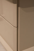 Detailed view of upper drawer construction in white lacquered MCM nightstand