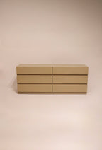 Full view of Vintage Lacquered Wooden Mcm 6 Drawers Dresser in taupe lacquered wood with six spacious drawers