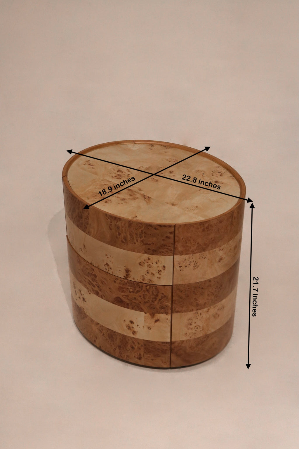 Detailed size chart of the burl wood veneer nightstands: 22.8'L x 18.9'D x 21.7'H