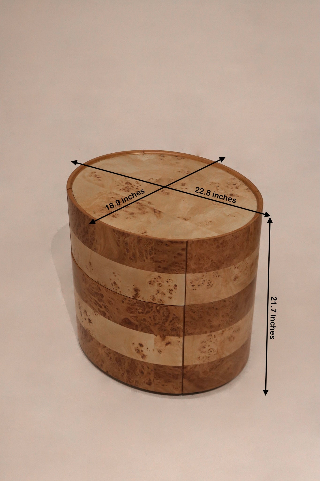 Detailed size chart of the burl wood veneer nightstands: 22.8'L x 18.9'D x 21.7'H