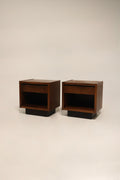 Main view: Pair of MCM walnut wood nightstands by Lane, full frontal shot showing walnut grain, tapered legs and mid-century silhouette
