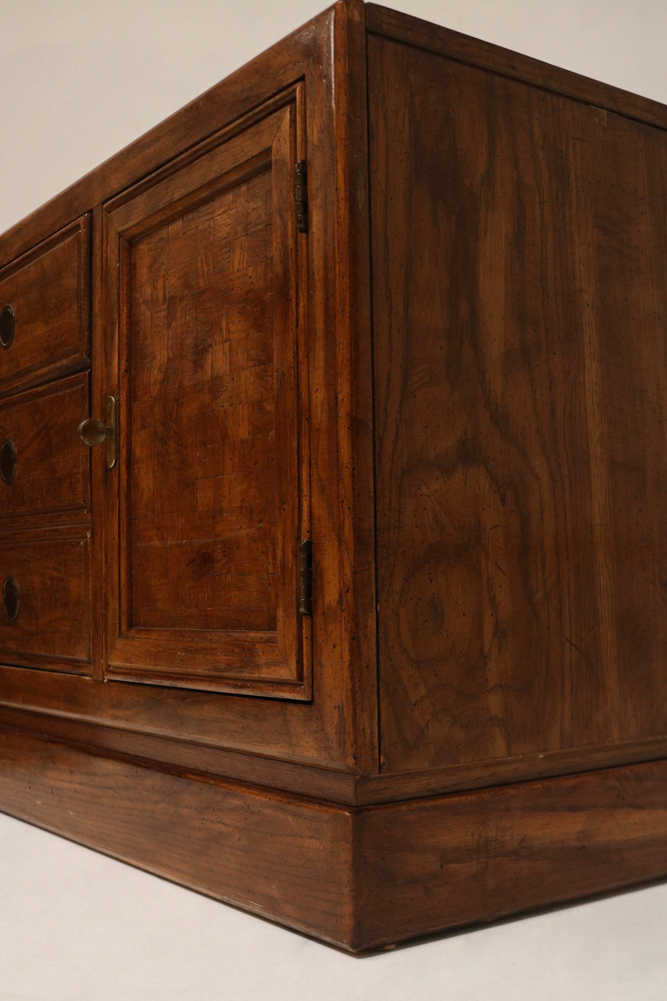 Interior drawer view showing solid wood construction, smooth glides and dovetail-style joinery inside the walnut nightstand drawers. Perfect for NYC apartments.