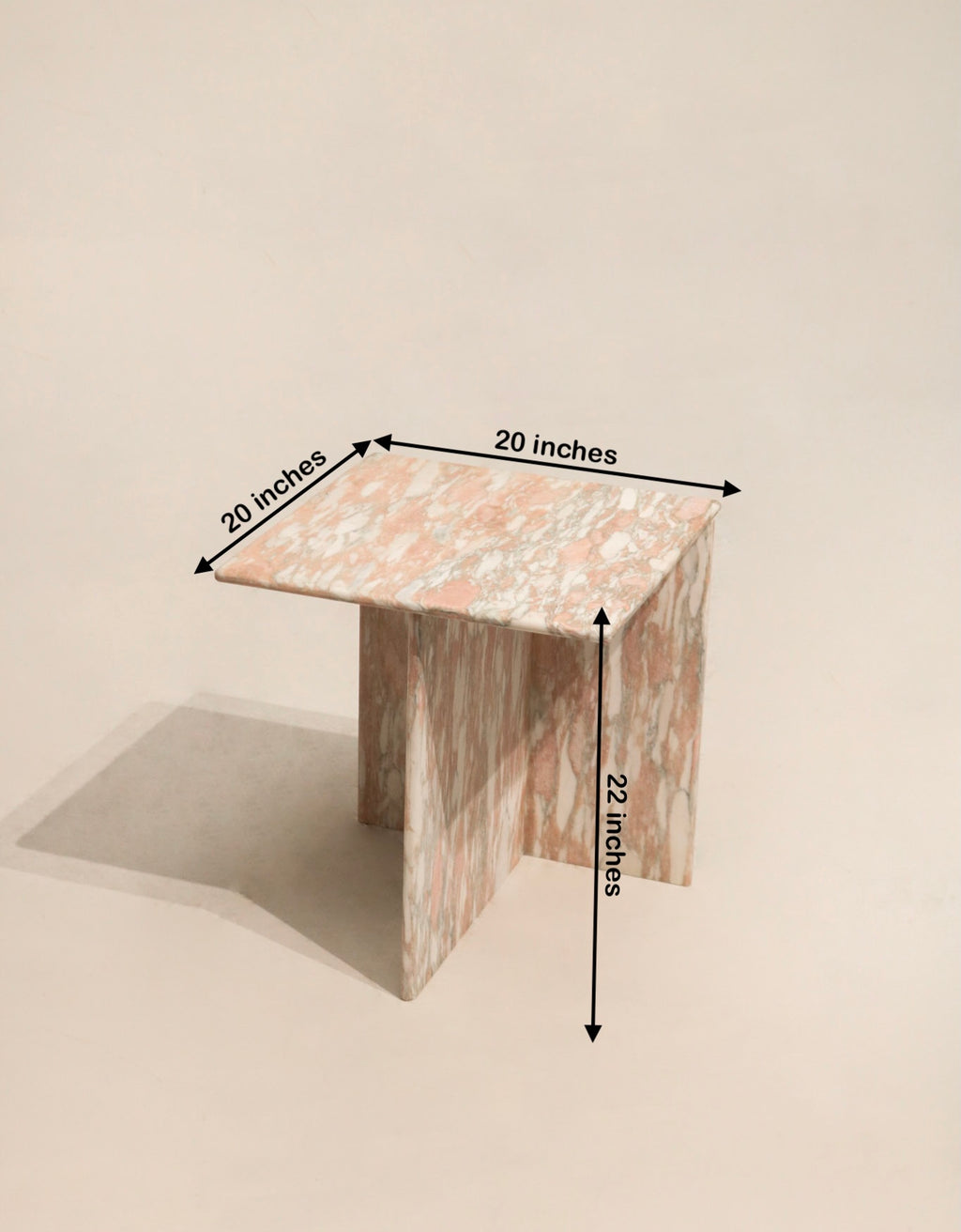 Size image showing 20 x 20 x 22 dimensions for contemporary natural pink solid marble side end table, scale and proportions.