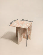 Size image showing 20 x 20 x 22 dimensions for contemporary natural pink solid marble side end table, scale and proportions.