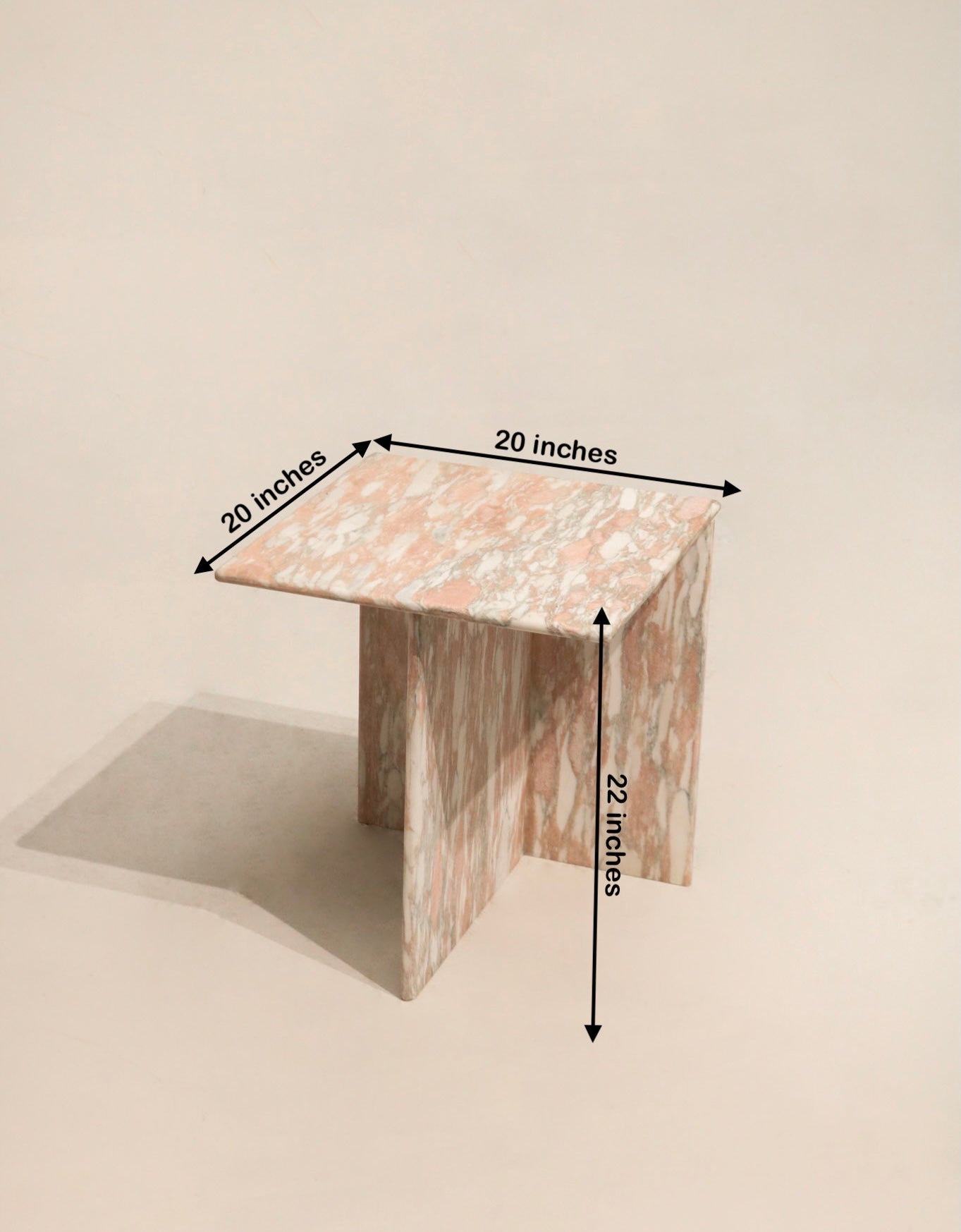 Size image showing 20 x 20 x 22 dimensions for contemporary natural pink solid marble side end table, scale and proportions.