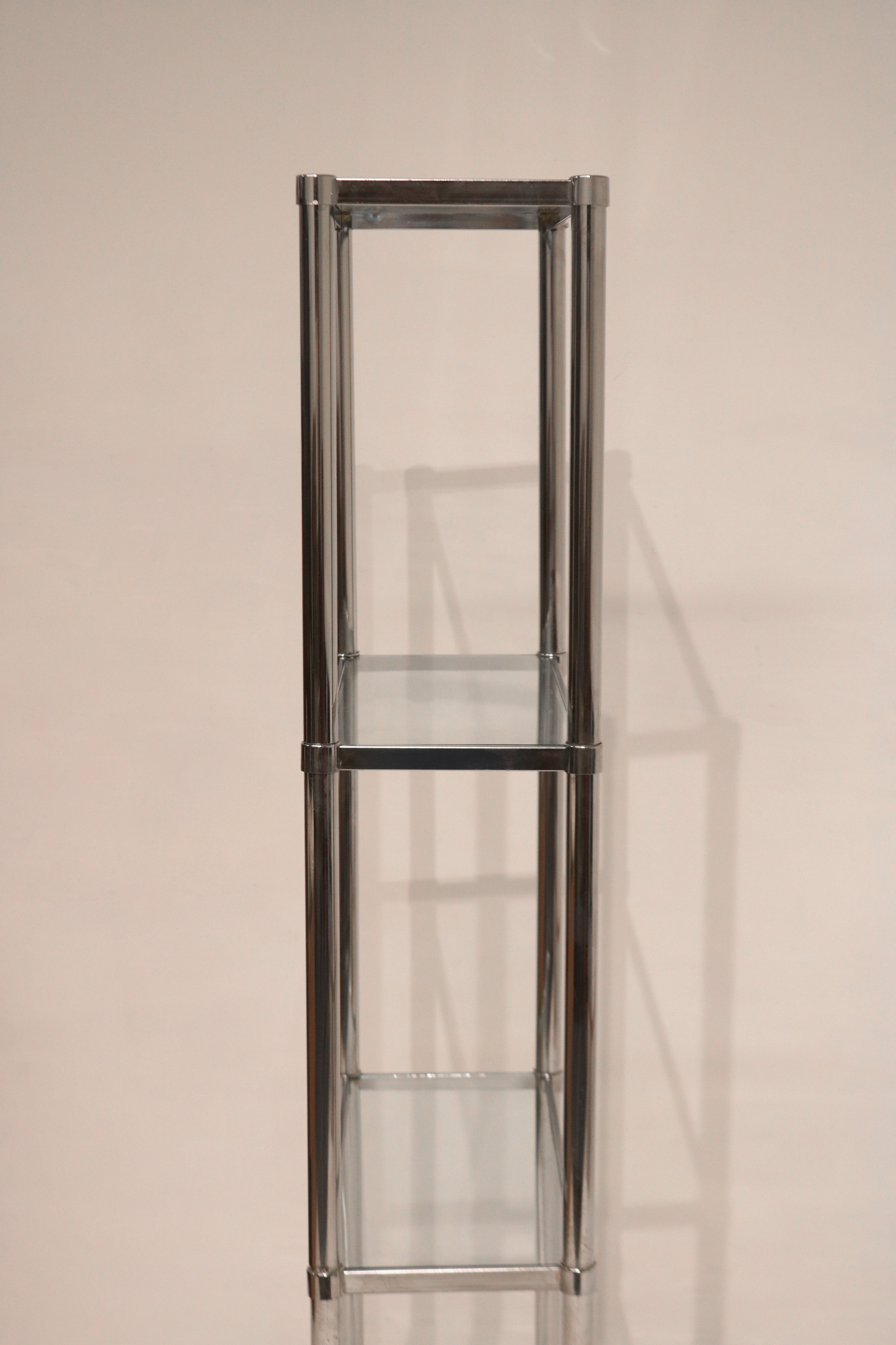 Glass shelf detail on Vintage Steel Bookcase showing thickness and clean edges