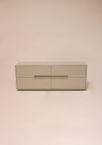 Main view of Modern CB2 Low Dresser Console in lacquered oat wood, full front perspective
