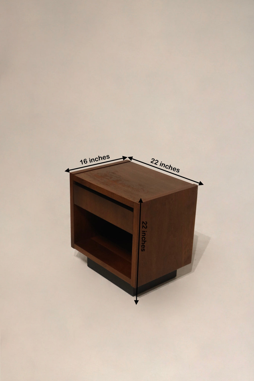 Size image: Dimensions 22L x 16D x 22H shown with measuring scale, illustrating scale, tabletop area and drawer proportions in walnut