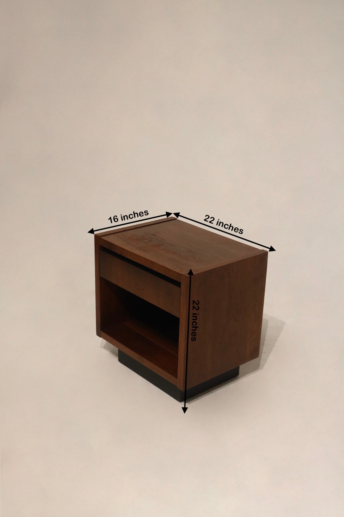 Size image: Dimensions 22L x 16D x 22H shown with measuring scale, illustrating scale, tabletop area and drawer proportions in walnut