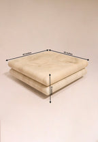 Dimensions of Italian vintage resin coffee table shown clearly, 42L x 42D x 16H, fiberglass and resin materials