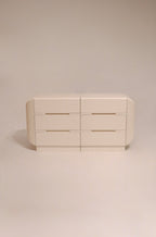 Main view of vintage postmodern white lacquered wood dresser with 6 drawers in two-piece design