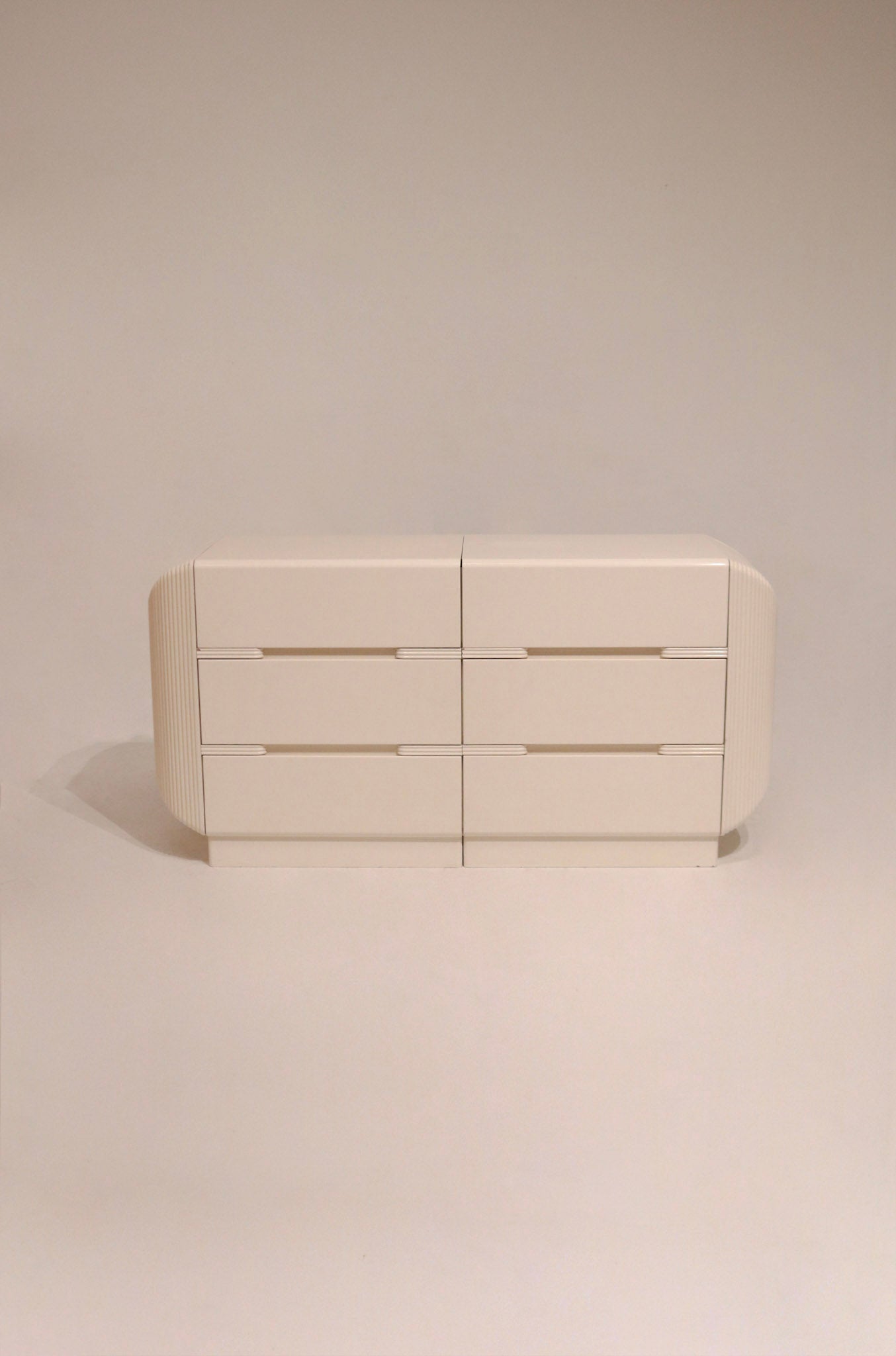 Main view of vintage postmodern white lacquered wood dresser with 6 drawers in two-piece design