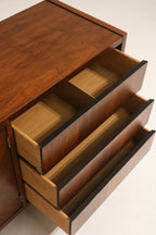 Drawer slide detail showing well functioning hardware and smooth operation, original mid-century assembly in wood drawers