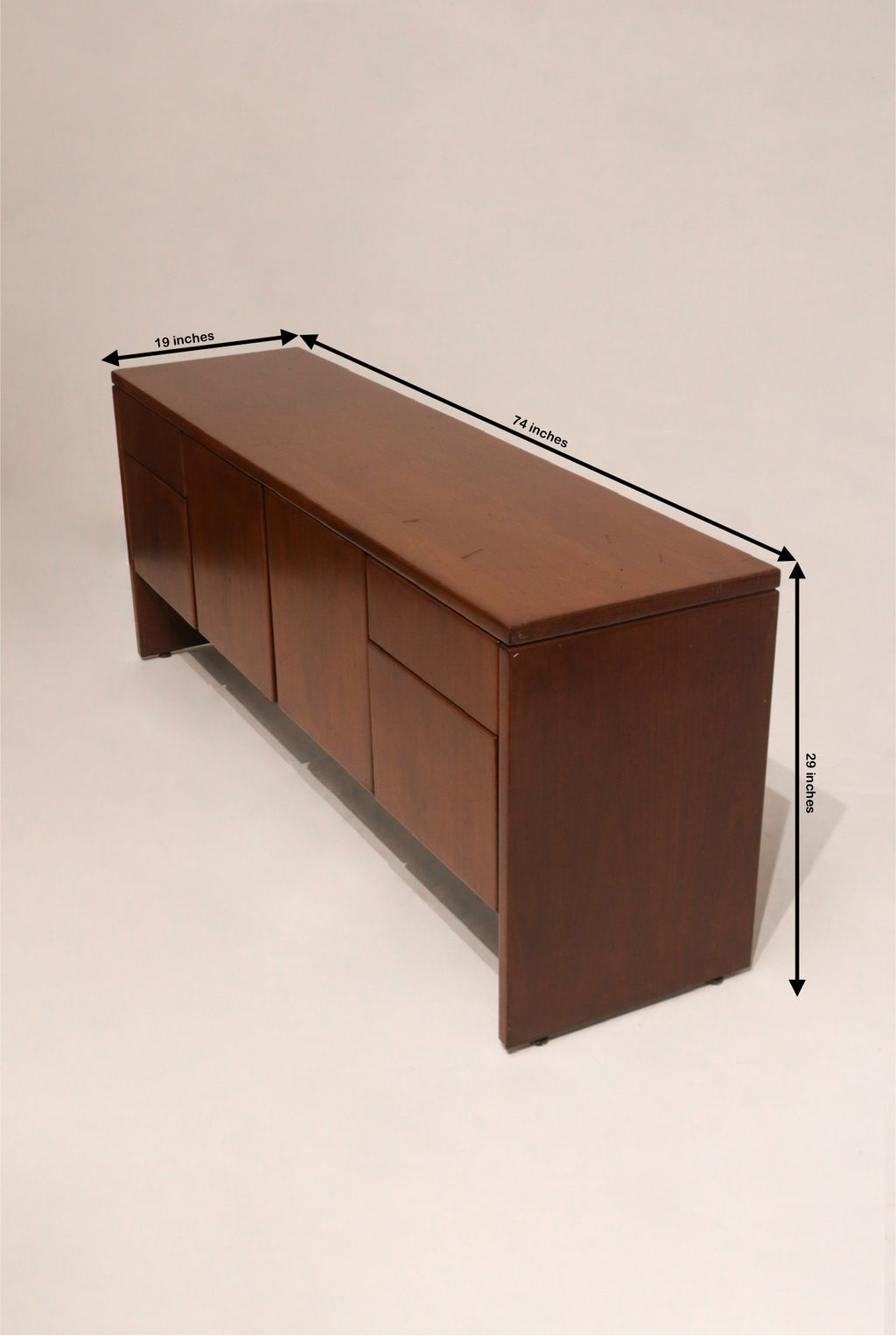Dimension view of solid hardwood credenza; measures 74 inches long, 19 deep, and 29 high