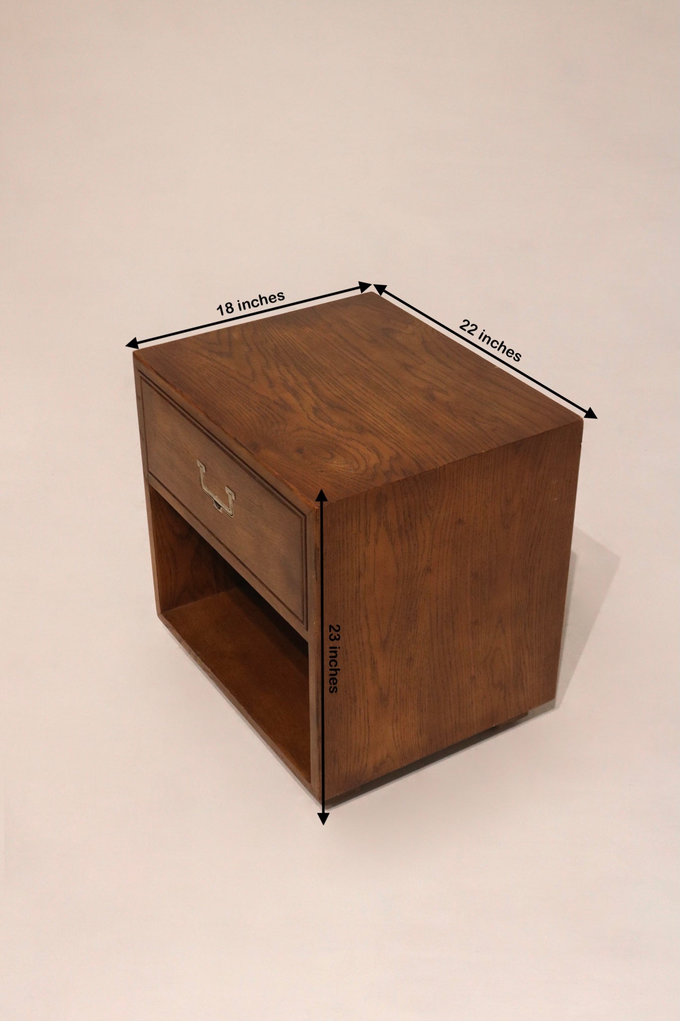 Dimensions of Vintage Mcm Oak Wood Nightstands shown with scale: 22 inches long, 18 deep, and 23 high