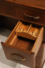 Screws and interior joinery close-up on walnut wood desk showing original fasteners and solid construction details