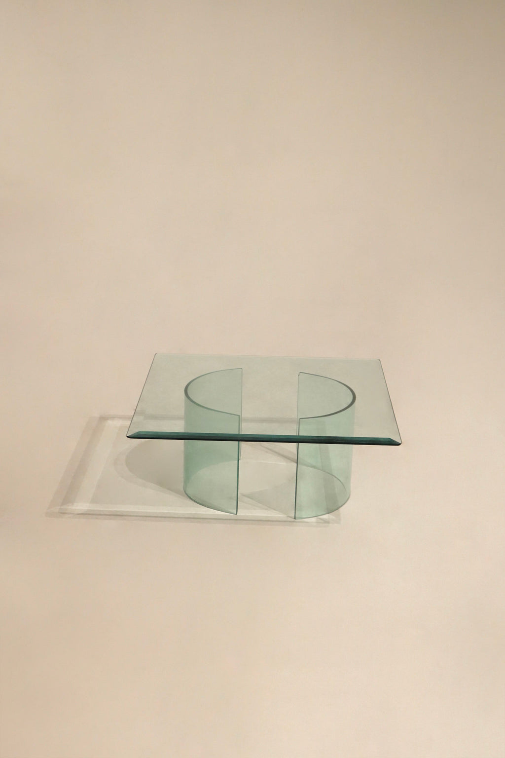 Main view of Vintage Square Glass Coffee Table with clear glass top and two-piece base in perfect condition