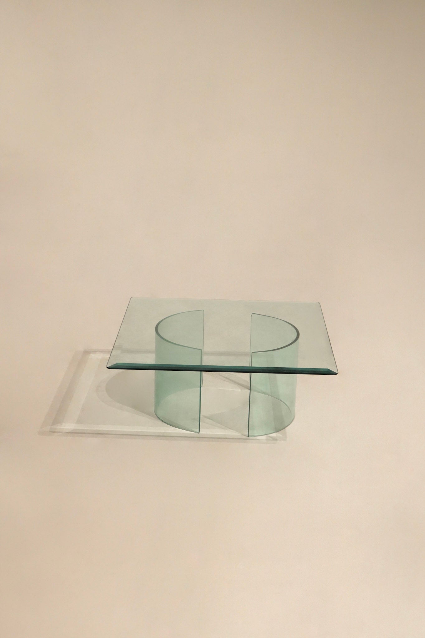 Main view of Vintage Square Glass Coffee Table with clear glass top and two-piece base in perfect condition