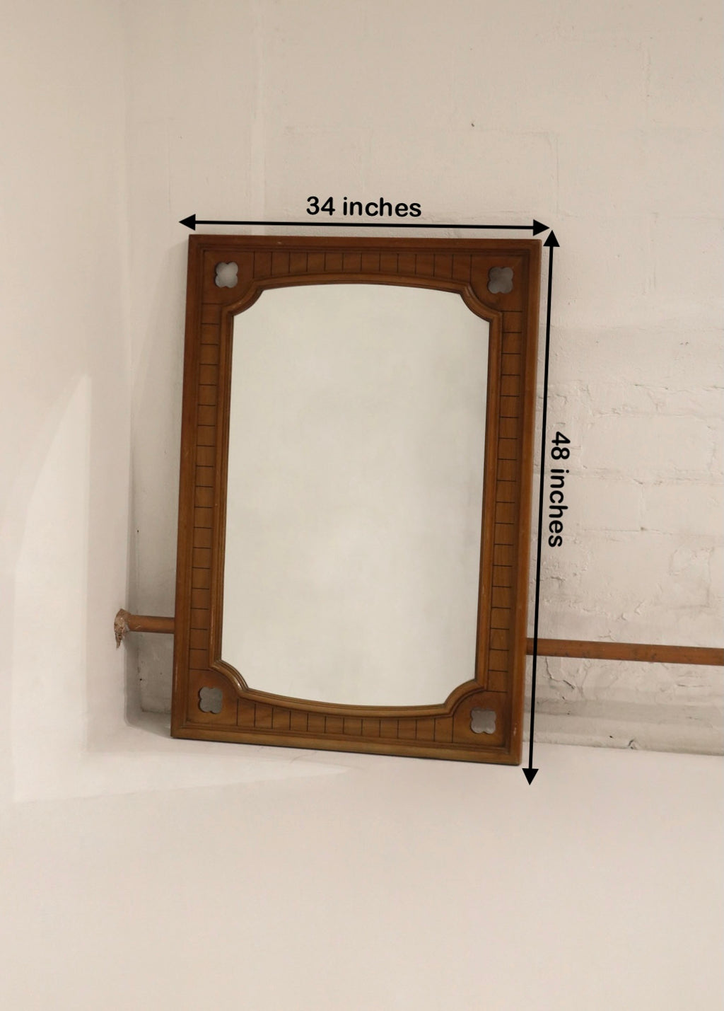 Size image showing 48" x 34" dimensions of the vintage solid oak wood frame wall mirror, clear scale overlay and side view.
