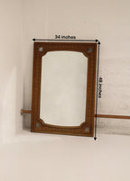 Size image showing 48" x 34" dimensions of the vintage solid oak wood frame wall mirror, clear scale overlay and side view.