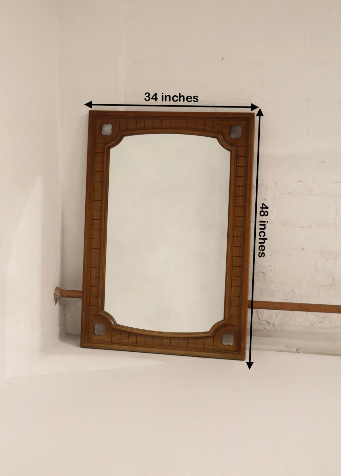 Size image showing 48" x 34" dimensions of the vintage solid oak wood frame wall mirror, clear scale overlay and side view.