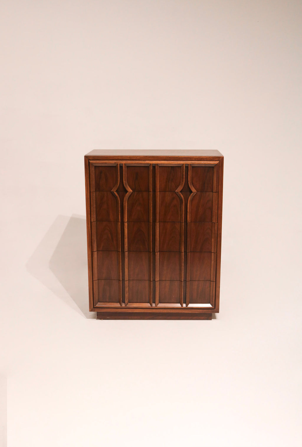 Full view of Vintage Mid Century Modern Solid Walnut Wood Highboy Dresser with sleek clean lines and rich walnut finish