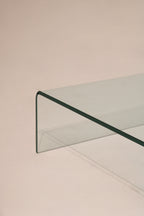 Close-up of the thick solid glass top surface of the 1999 waterfall coffee table with clear transparency