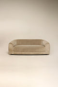 Full front view of Contemporary West Elm champagne velvet fabric sofa, clean condition, low-profile silhouette and soft velvet texture, seat height 17 in