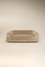 Full front view of Contemporary West Elm champagne velvet fabric sofa, clean condition, low-profile silhouette and soft velvet texture, seat height 17 in