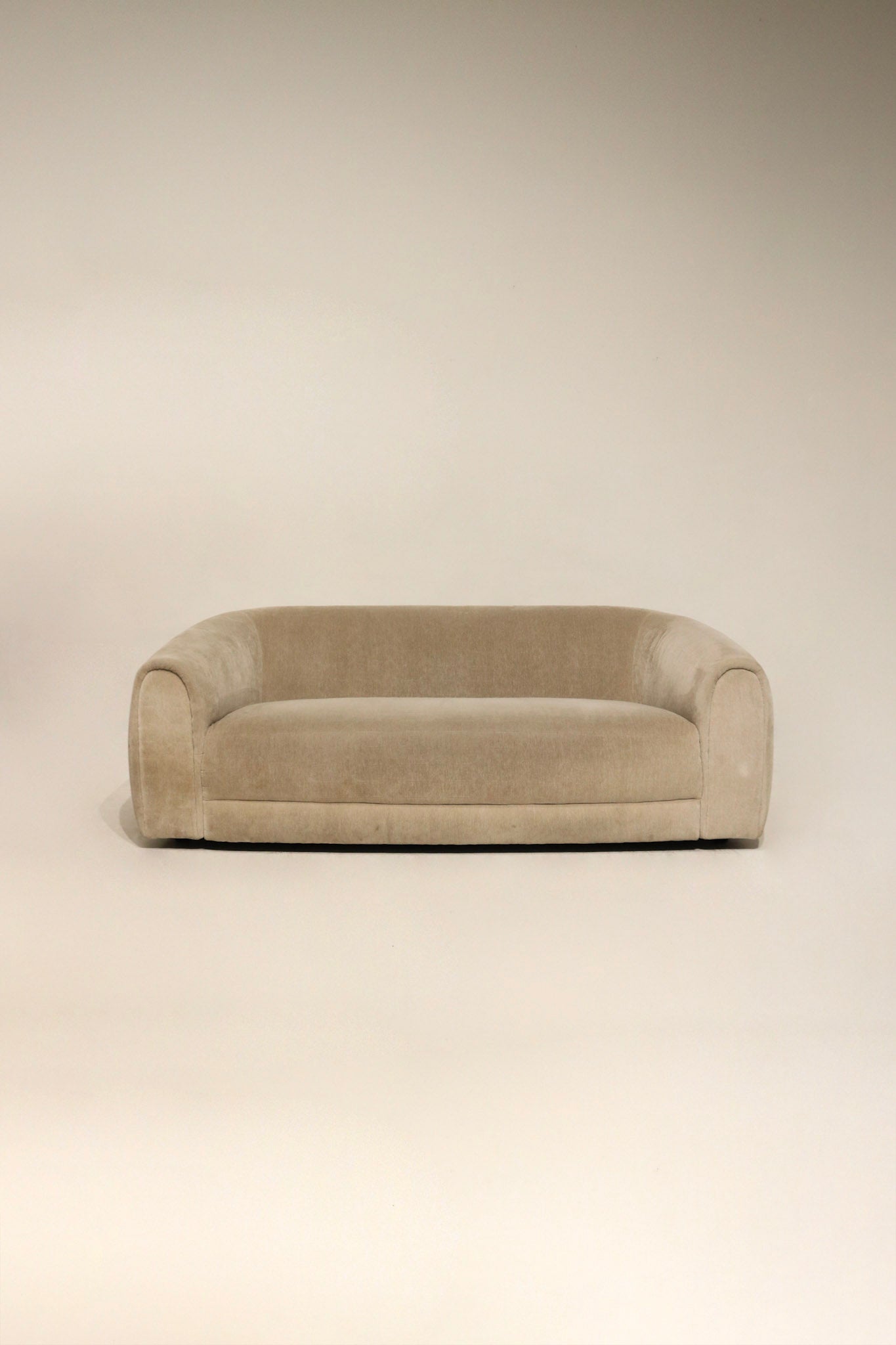 Full front view of Contemporary West Elm champagne velvet fabric sofa, clean condition, low-profile silhouette and soft velvet texture, seat height 17 in