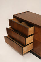Stylistic close-up of finish sheen and color depth on Walnut Wood Dresser Credenza, ideal vintage storage piece for NYC homes