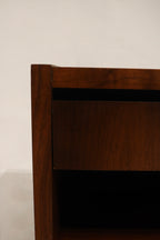 Styled room view: Lane MCM walnut nightstands staged to show scale, walnut material, bedside function and vintage appeal