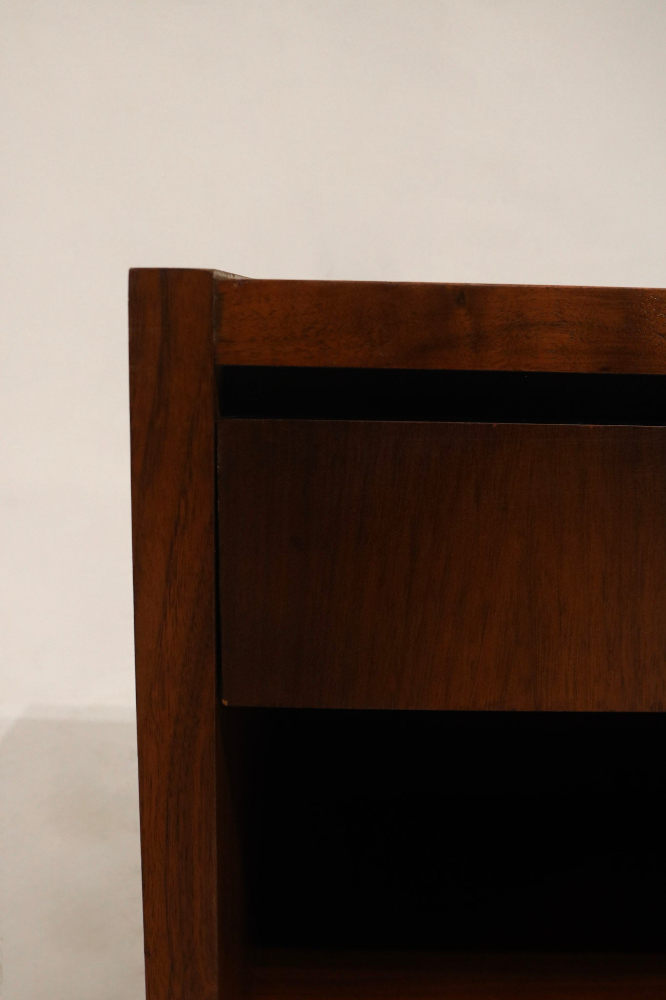Styled room view: Lane MCM walnut nightstands staged to show scale, walnut material, bedside function and vintage appeal