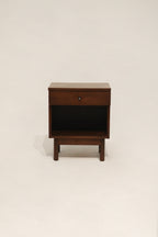 Main view of Vintage Mcm Walnut Wood Nightstand Bedside Table made of solid walnut and veneer top