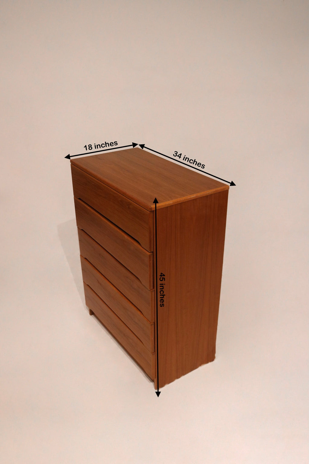 Detailed size view of teak wood dresser measuring 34 inches wide, 18 deep, and 45 high